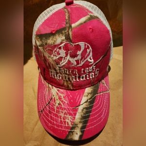 Santa Cruz Mountains Pink Camo cap, trucker style vented mesh back, velcro OS.